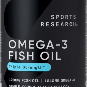 Sports Research Triple Strength Omega 3 Fish Oil - Burpless Fish Oil Supplement w/EPA & DHA Fatty Acids from Single-Source Wild Alaskan Pollock - 1250 mg, 90 ct