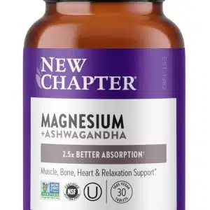 New Chapter Magnesium + Ashwagandha Supplement, 325 mg with Magnesium Glycinate, Calm & Relaxation, Muscle Recovery, Heart & Bone Health, 2.5x Absorption, Gluten Free, Non-GMO - 30 ct (1 Month Supply)