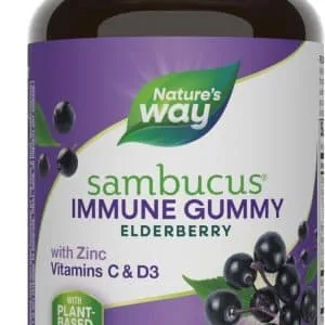 Natures Way Sambucus Elderberry Immune Gummies, Daily Immune Support for Kids and Adults*, with Vitamin C, Vitamin D3, Zinc, Gluten Free, Vegetarian, 60 Gummies (Packaging May Vary)